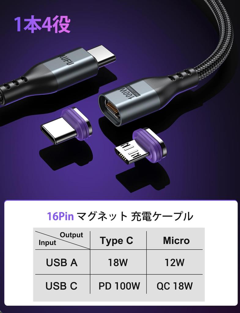 AUFU Magnetic USB C Charging PD 100W Type C Charging Cable Data Compatible with Black Cable, 16-pin Compatible, [1m / 1.8m], 4-in-1, Ultra-Fast