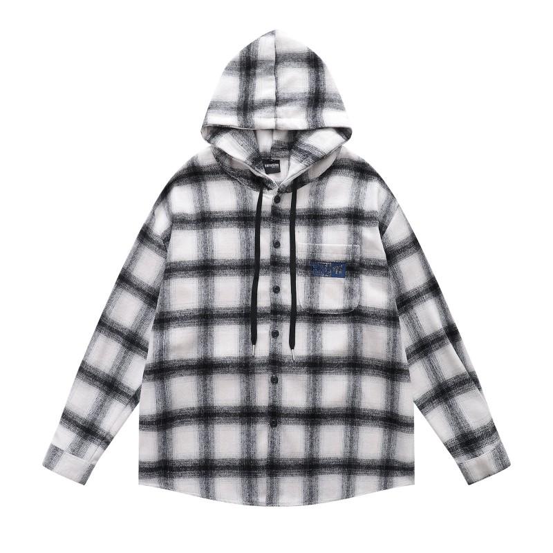 Mens Vintage American Style Plaid Hooded Long Sleeve Shirt Loose Casual All-Match Blouse