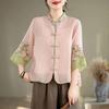 New Cotton Linen Summer Retro Ethnic Embroidery Stand Collar Shirt Women Vintage Button Patchwork Seven-Seventh Sleeve Top Loose Fit