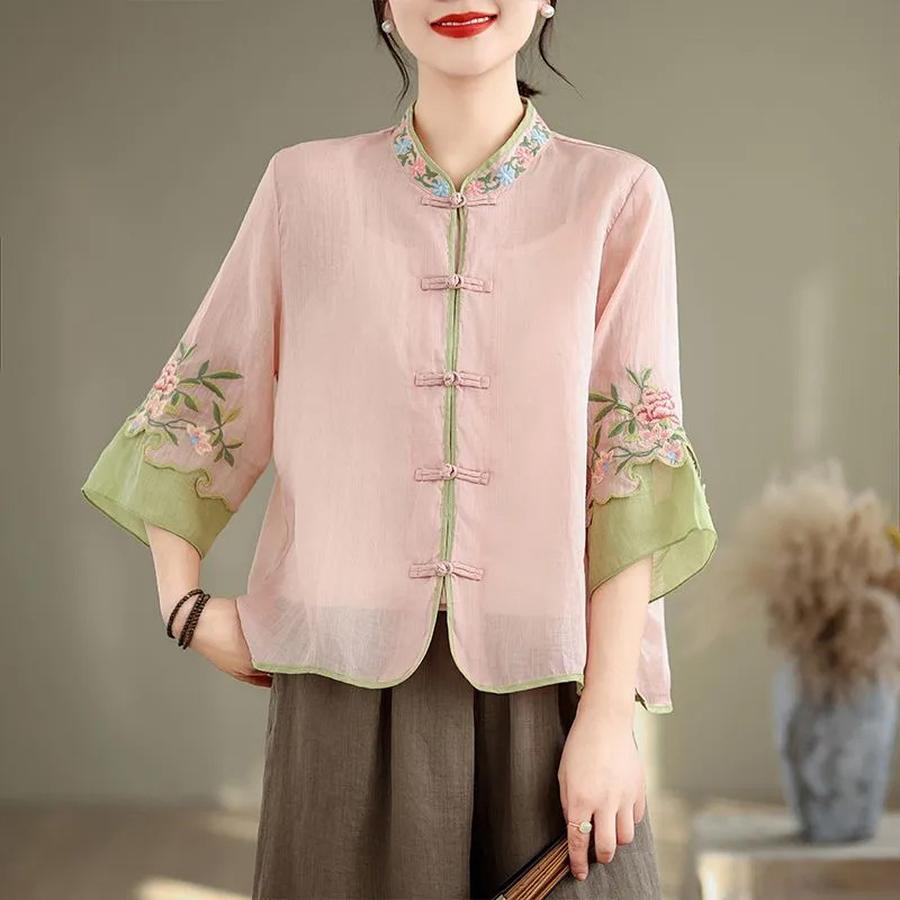 New Cotton Linen Summer Retro Ethnic Embroidery Stand Collar Shirt Women Vintage Button Patchwork Seven-Seventh Sleeve Top Loose Fit