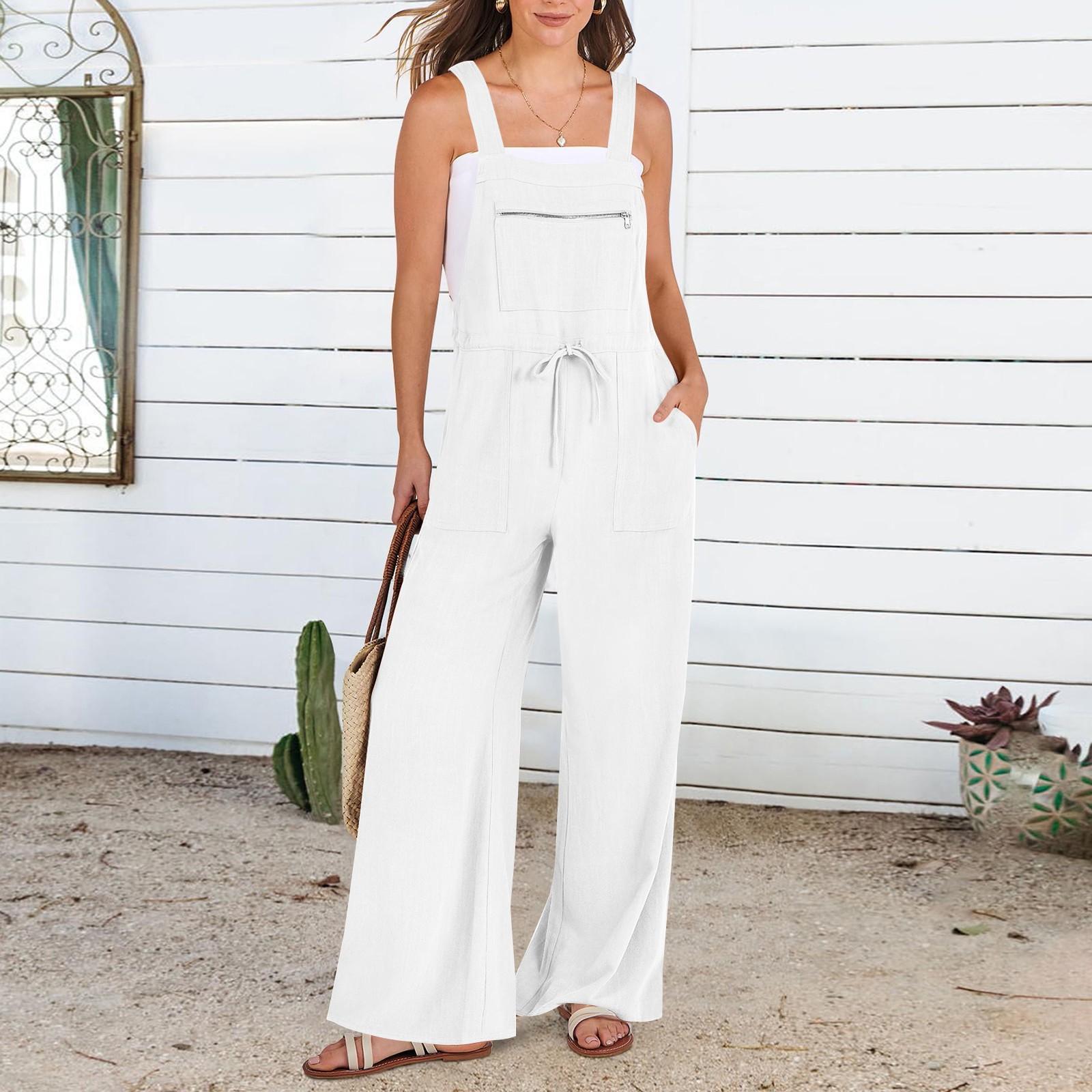 

Женские комбинезоны, повседневные свободные комбинезоны без рукавов с регулируемыми завязками, комбинезоны с широкими штанинами, наряды с карманами M белый