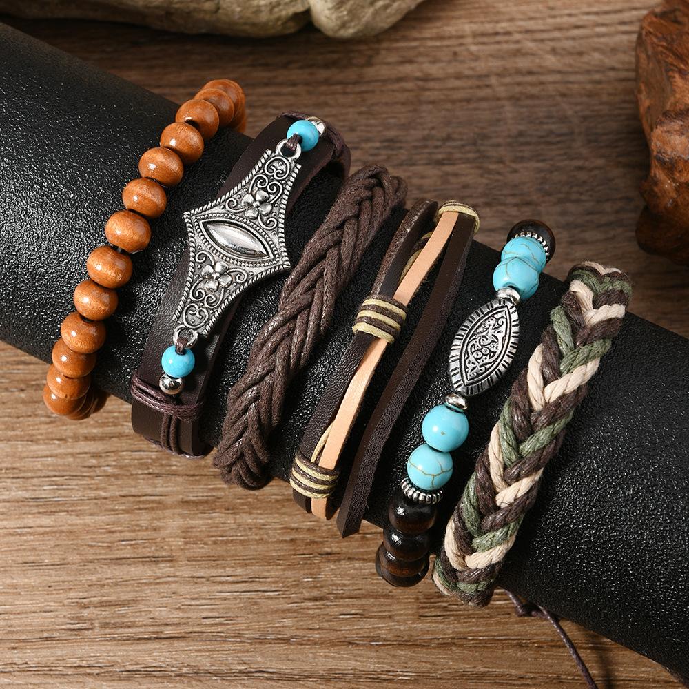 Cross-border beaded bracelet multi-layer vintage devil's eye love feather horn hand-woven multi-piece set