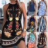 Damen Halterlos Ärmellos Locker Floral Print Mini Kleid Elegant Urlaub A-Linie Tankkleid