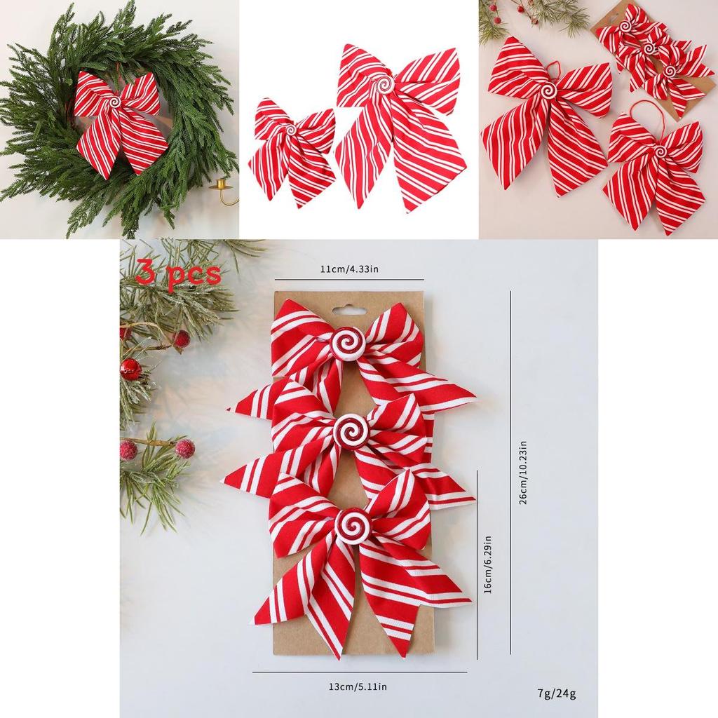 Red And White Diagonal Stripe Bow Pendant For Holiday Tree Ornaments