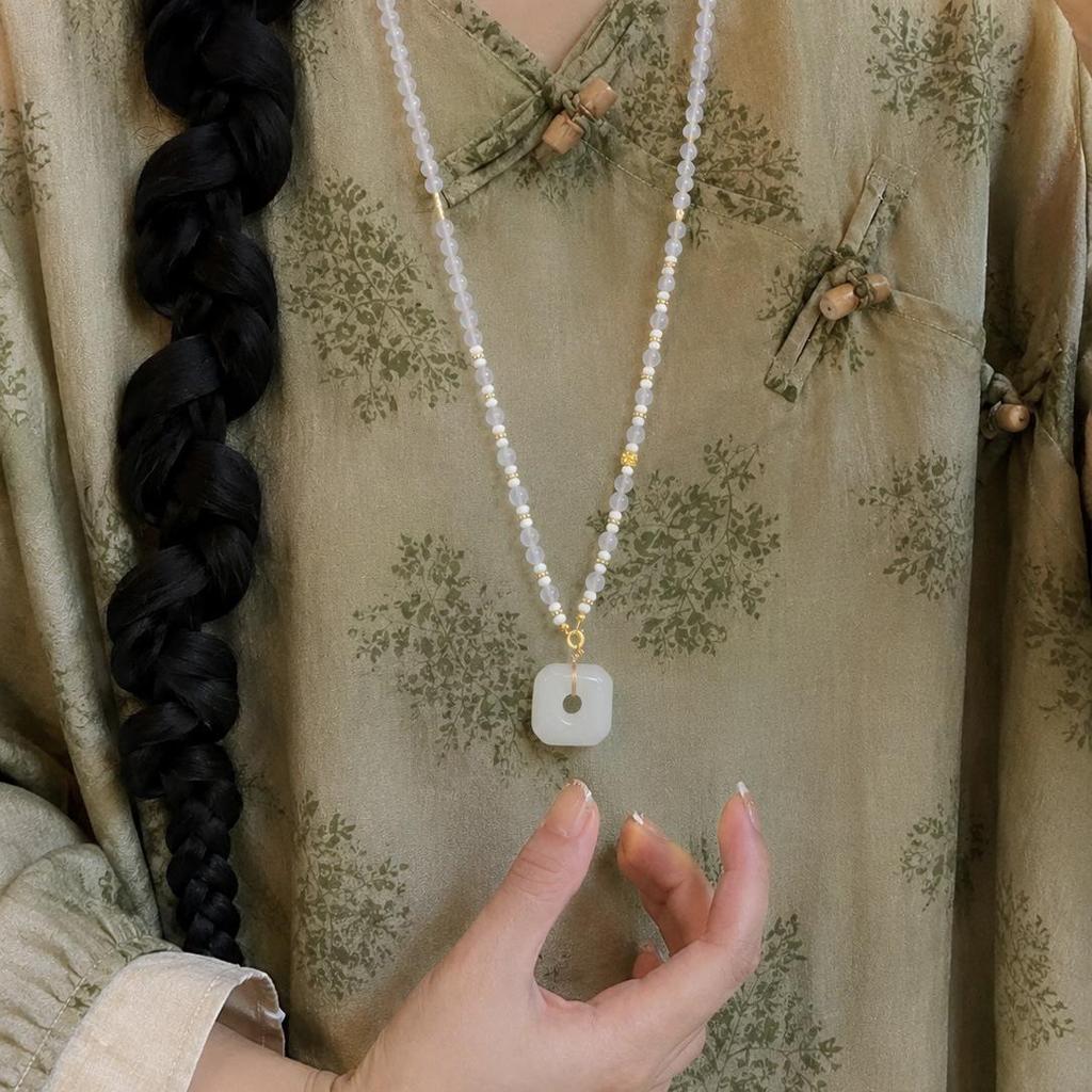 Elegant White Agate Pendant & Jade Bead Long Necklace In Retro Chinese Style