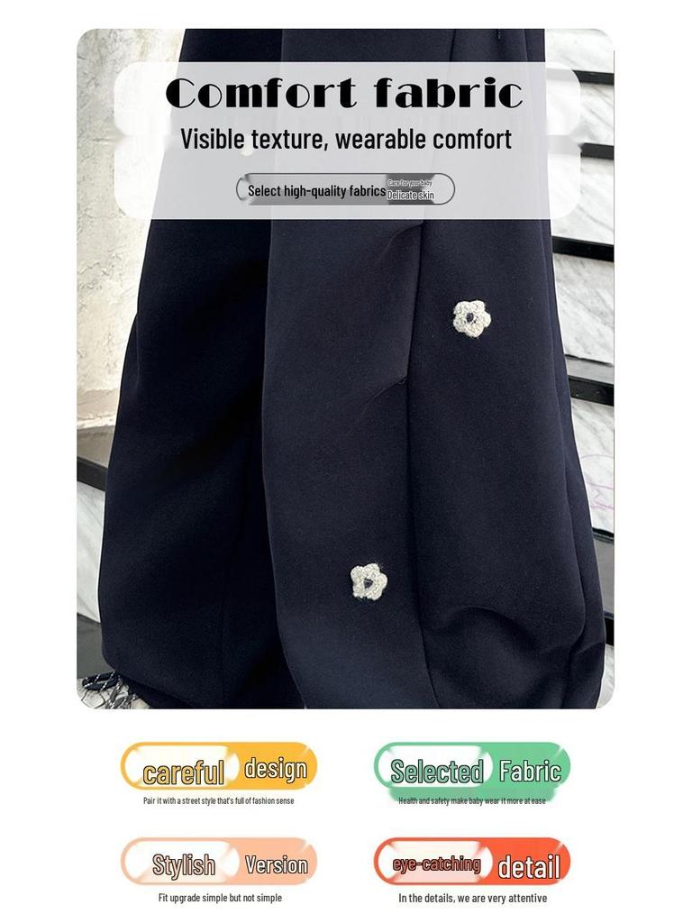 Stylowe spodnie dresowe dla dziewcząt na jesień 2025 z haftowanymi kwiatami