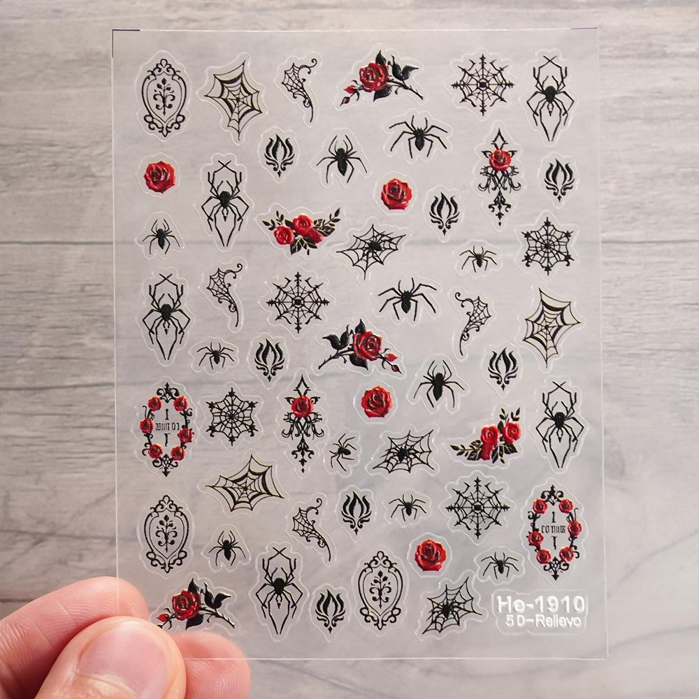 Dark Night Rose Spider Nail Stickers - Vintage Red Rose Spiderweb Halloween Self-Adhesive Nail Decorations