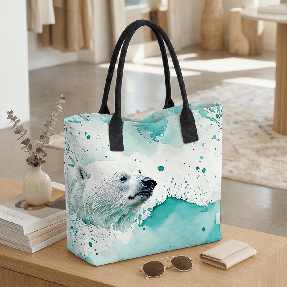 Watercolor Polar Bear Print Tote Bag Casual Large Capacity Shoulder Handbag for Daily Use