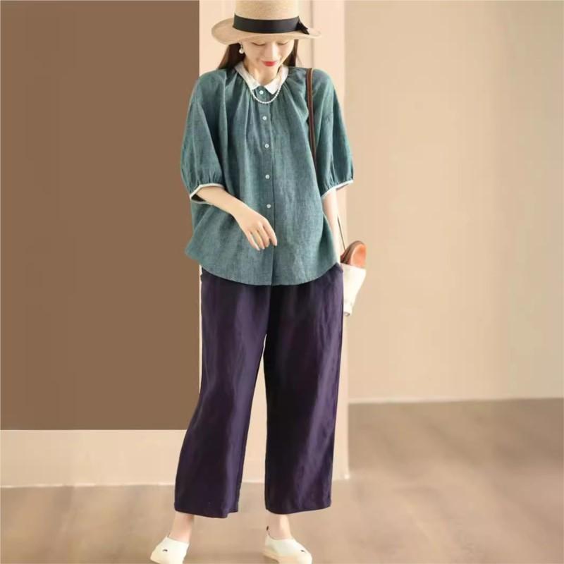 Johnature Women Vintage Summer Shirts Tops Turn-down Collar Half Sleeve Button Blouses Casual Women Shirts