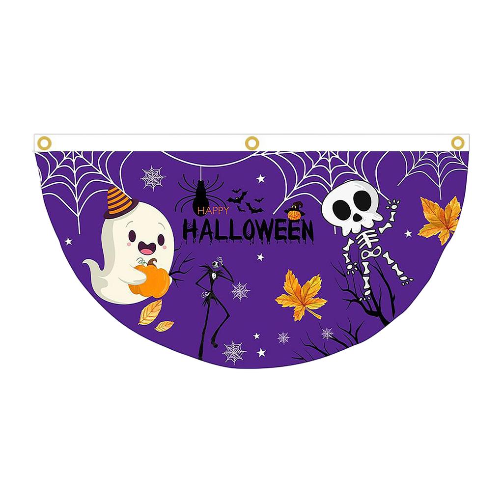 Halloween Theme Fan Banner 45x90cm Polyester Fabric Semi Circular Flag with Printed Ghost Pumpkin Bat Elements for Indoor Outdoor Decoration