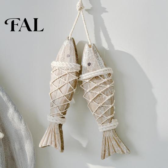 Creative Beach House Decor Rustic Nautical Wooden Fish Decor, Coastal Style Wall Hanging Marine Nursery Ornament with Fishing Net for Lake House,