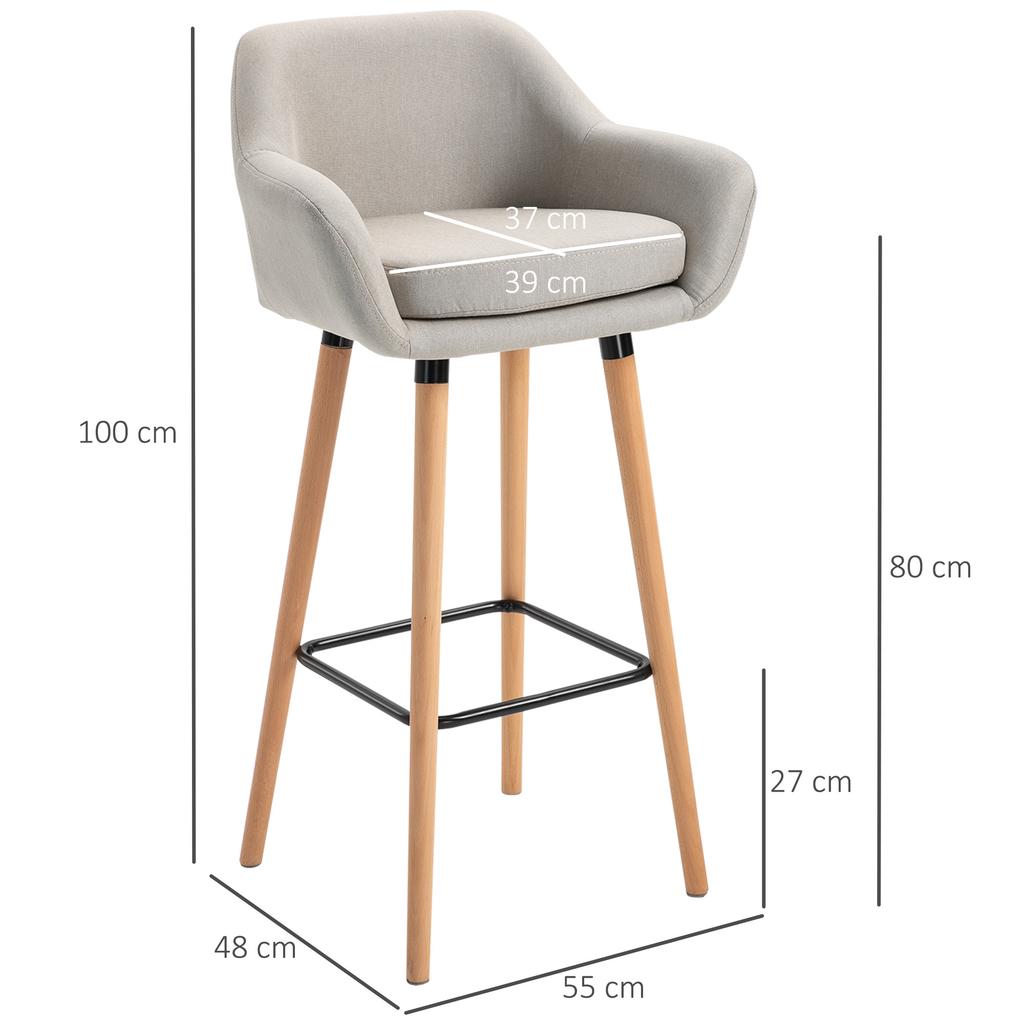 Set of 2 Bar Stools Modern Upholstered Seat Bar Chairs W/ Metal Frame, Solid Wood Legs Living Room Dining Room Fabric Furniture - Beige