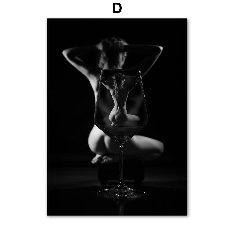 Black White Wine Glass Nude Woman Fashion Wall Art Canvas Painting Nordic Posters And Prints Wall Picture For Living Room Decor