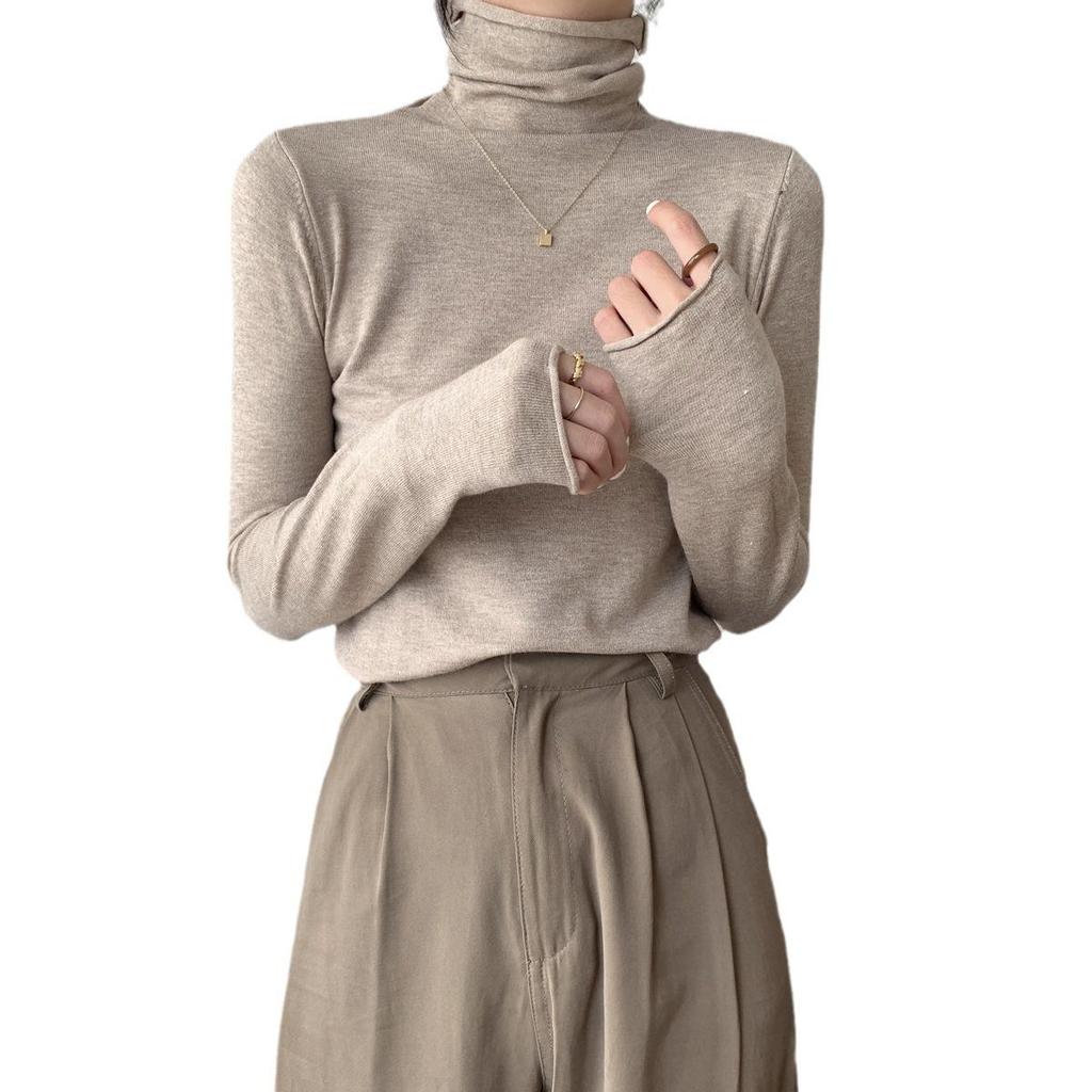 Korean Style Rolled Edge Puffy Collar Slim Fit Knit Sweater for Women