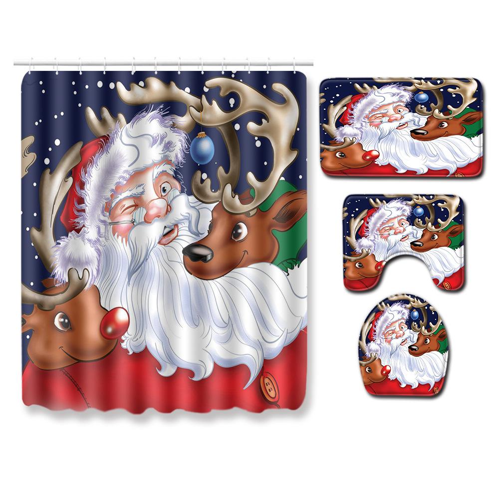 Christmas Toilet Seat Shower Curtain Four-Piece Printed Floor Mat Set Bathroom Floor Mat Bedroom Absorbent Door Mat Carpet