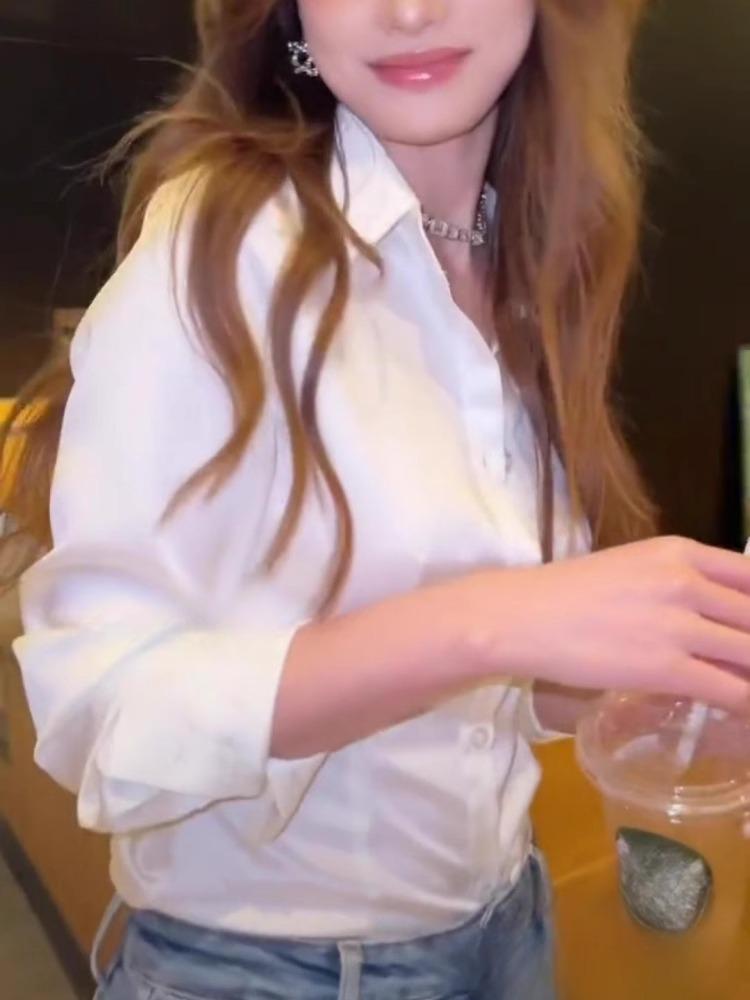 Acetate Satin White Women's Waist-Cinched Shirt - French Slim-Fit Spring & Autumn Design, Light Luxury.