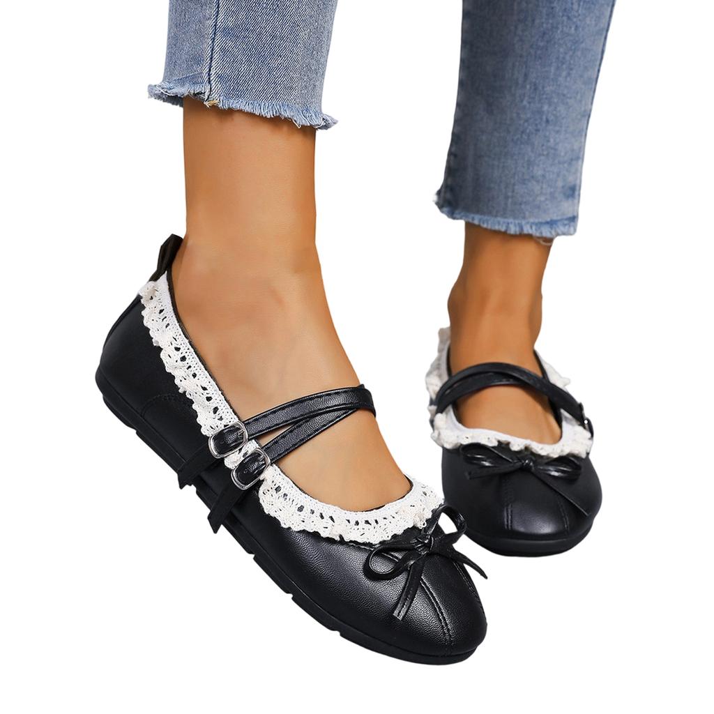 Girls Mary Jane Flats Double Buckle Straps Lace Trim Ballet Shoes Soft Sole Casual Slip On Footwear for Kids