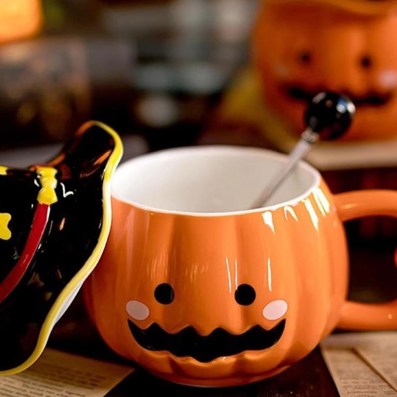 Unique Halloween Themed Ceramics Coffee Cup With Detachable Witch Hat Cover Pumpkin Shape Mug For Hot Beverages Gift