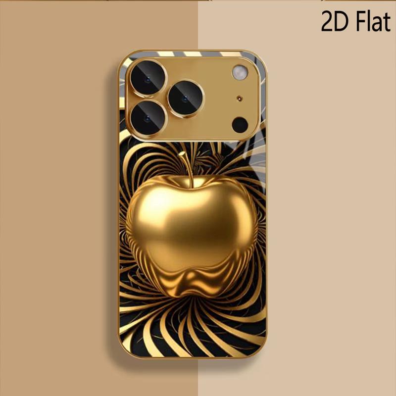 Golden Apple Patterned tempered glass design for iPhone16 17 ProMax 1514 1312 11ProMax Phone Case Camera Cover Shockproof Hard B