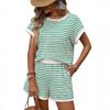 2026 Summer Women's Fashion Round Neck Patchwork Short Sleeve Shorts Casual Two-Piece Set
