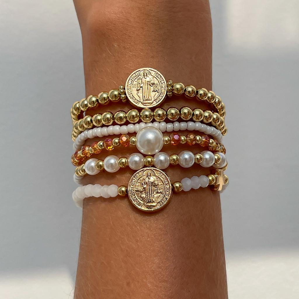 Retro Ethnic Style Crystal Beaded Bracelet Creative Metal Cross Eye Pendant Stacked Jewelry