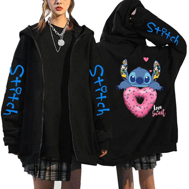 Oversized Y2k Zip-up Hettegenser Disney Dame Lilo & Stitch Kostyme Vinterklær Dame Langermet Varm Jakke Zip-up Street Topper