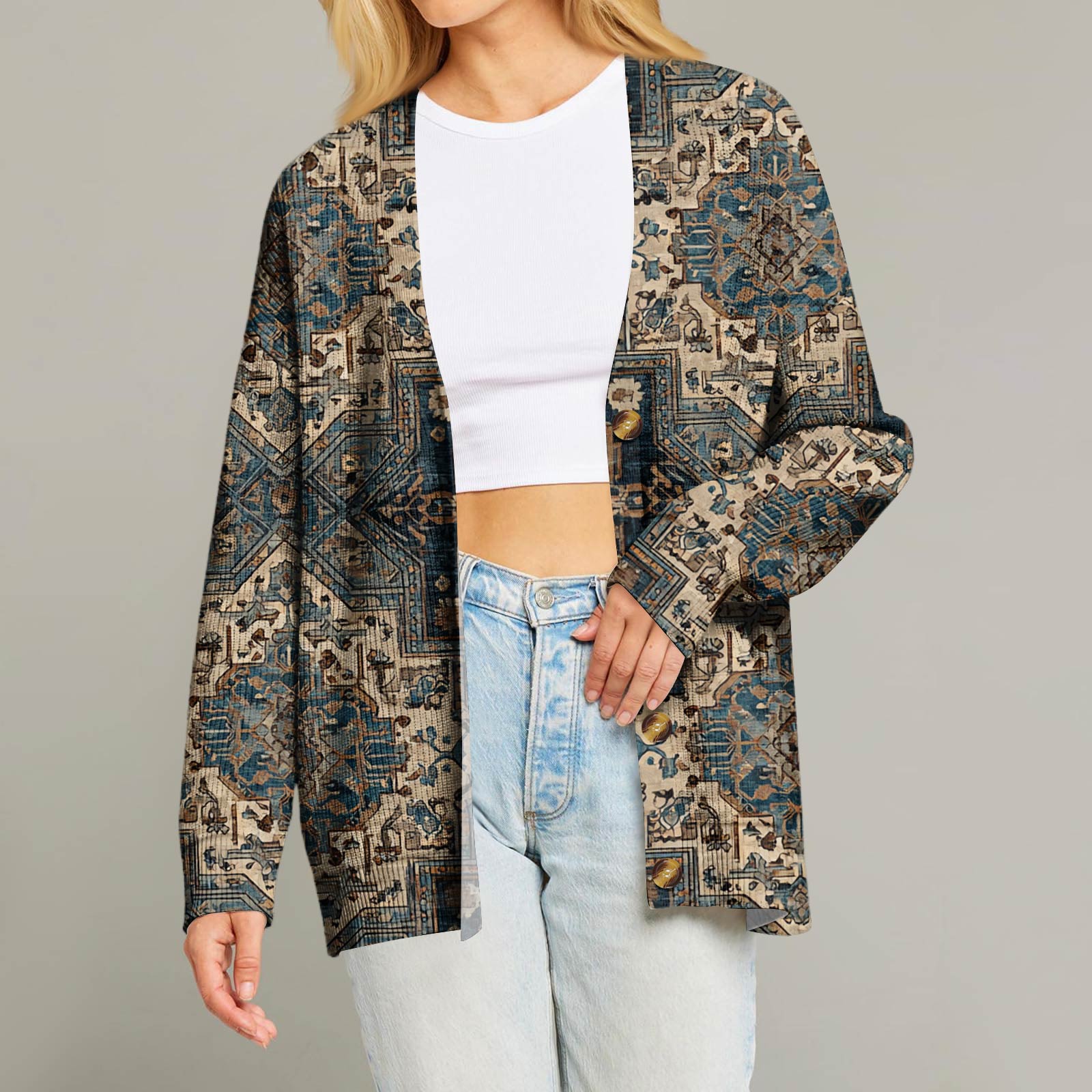 

Женский модный кардиган с длинным рукавом, V-образным вырезом, на пуговицах, свободного кроя, с рождественским принтом M бежевый