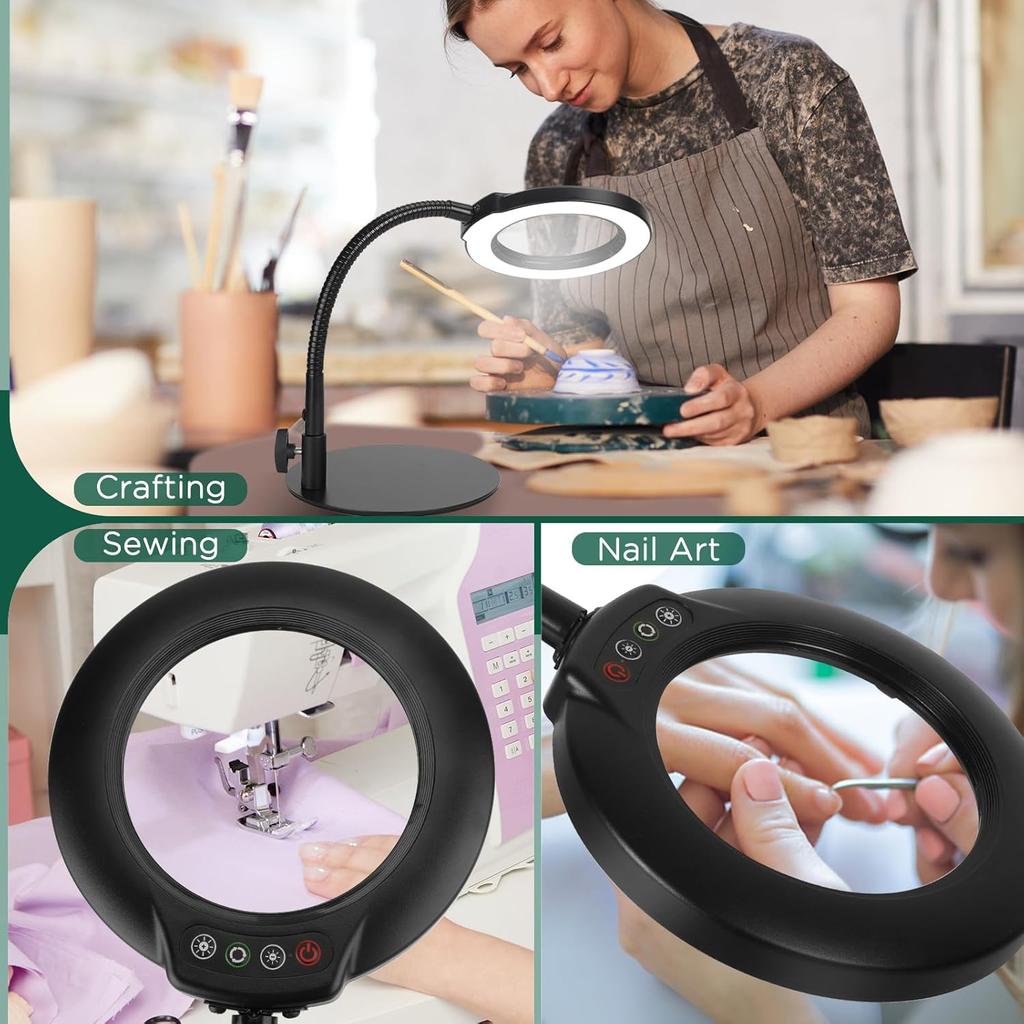 Drdefi 10X Magnifying Glass with Light and Stand, 5 Color Modes Stepless Dimmable Flexible Gooseneck Magnifying Desk Lamp, LED Lighted Magnifier