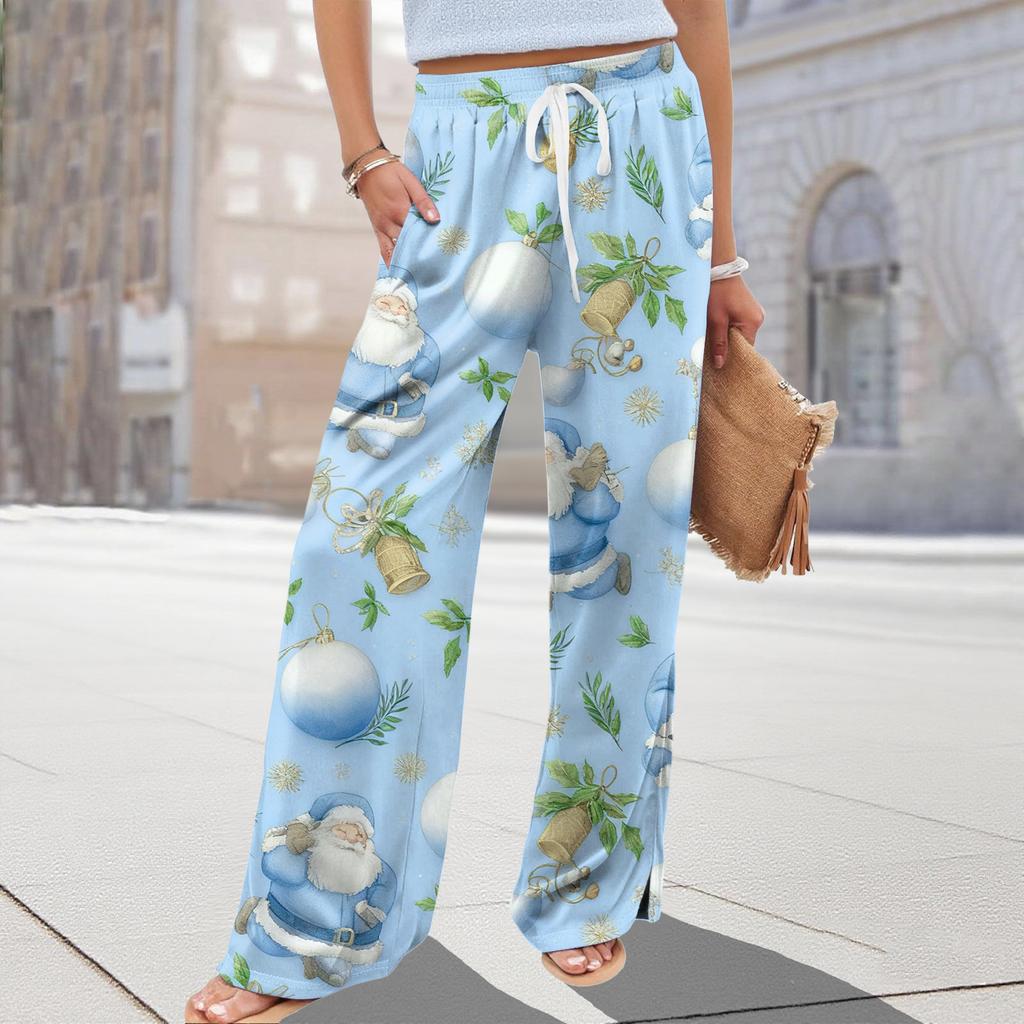 Ladies' Loose And Casual Christmas Printed Wide Leg Pants With Elastic Waistband Drawstring And Pocket Pants