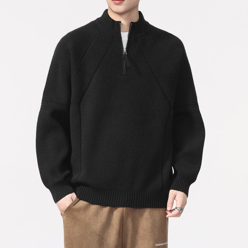 2025 Men's Autumn/Winter Half-High Collar Zipper Sweater - Loose Fit, Solid Color Pullover Knitwear