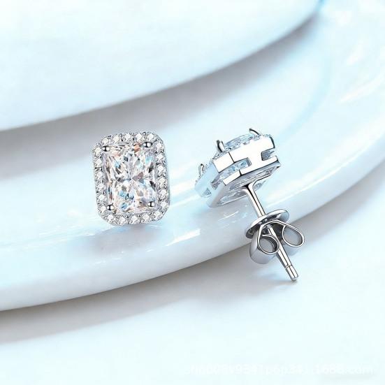 1 Pair Stud Earrings Square Geometric White Cubic Zirconia Clear Ice-Like Stone Ear Studs Retro French Style Jewelry Accessories