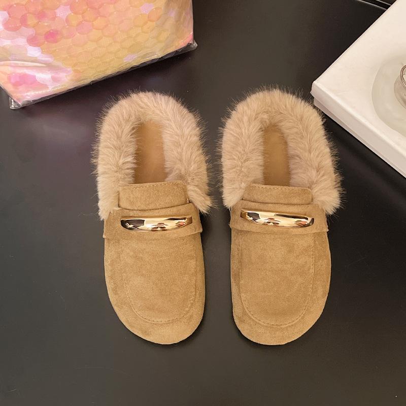 Vintage Beef Reverse Velvet Boken Slippers Fashion Wear Lazy Muller Shoes Versatile Flat Bottom Velvet Lamb Wool Half Drag