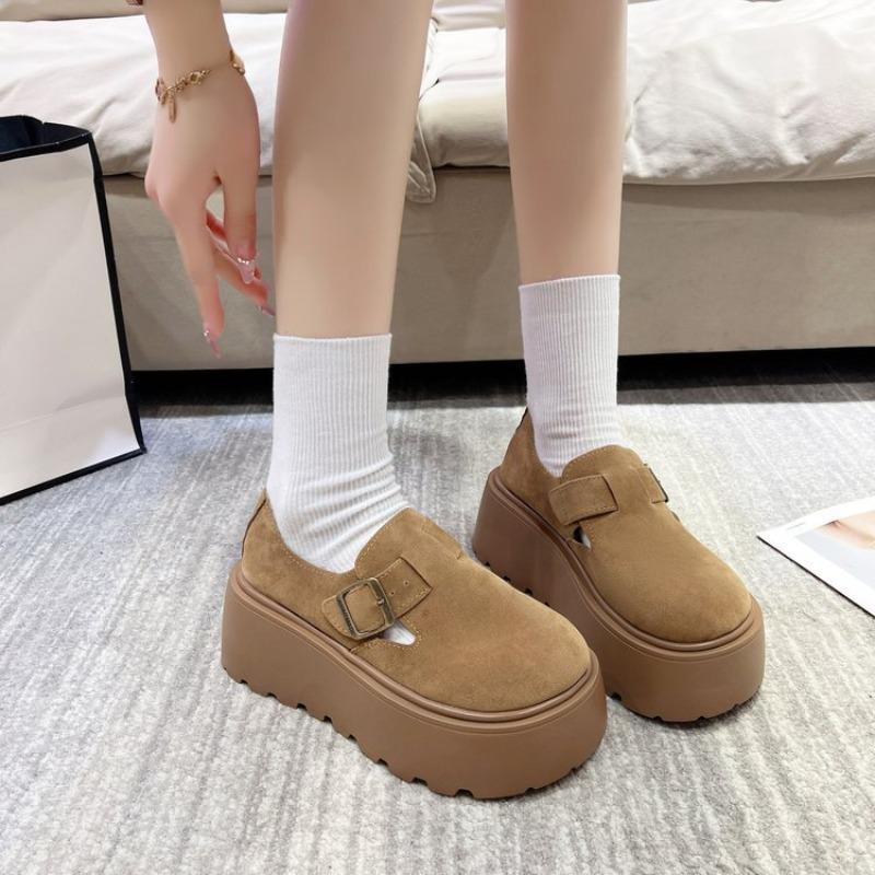 Women's Platform Thick Bottom Shoes Spring Autumn New Style Slip-On Wedge Casual Single Shoes Retro Street PU Leather Loafers