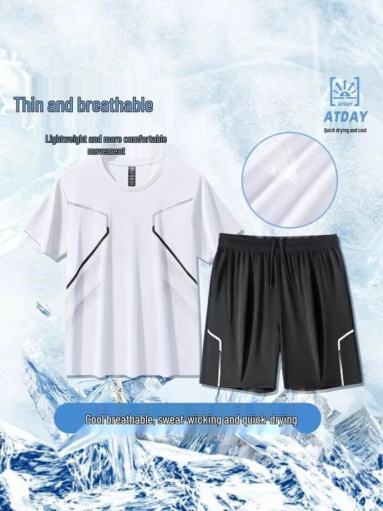 Men's Quick-Dry Ice Silk Sportswear Set: Short-Sleeved Running Top & Basketball Shorts.