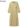 ZANZEA Women Casual V-Neck Loose Long Sleeve Solid Color Dress