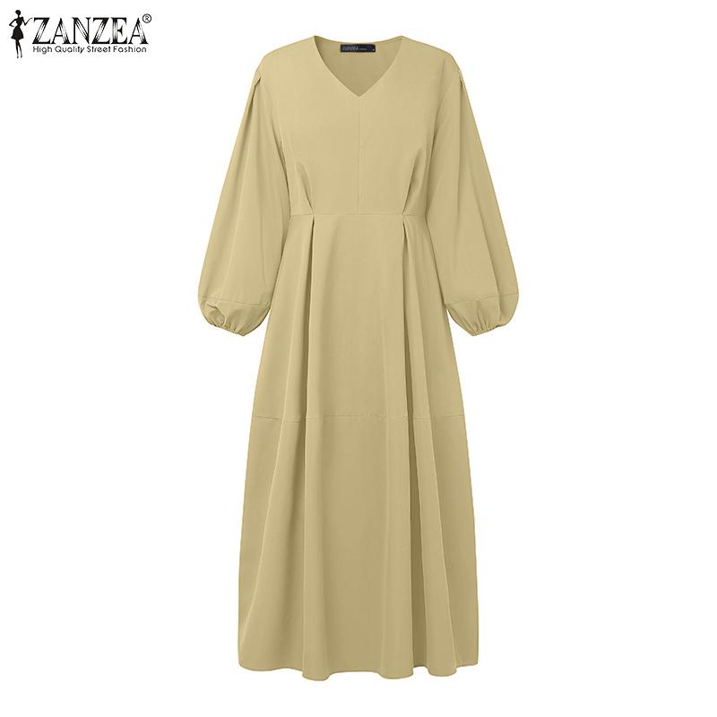 ZANZEA Women Casual V-Neck Loose Long Sleeve Solid Color Dress