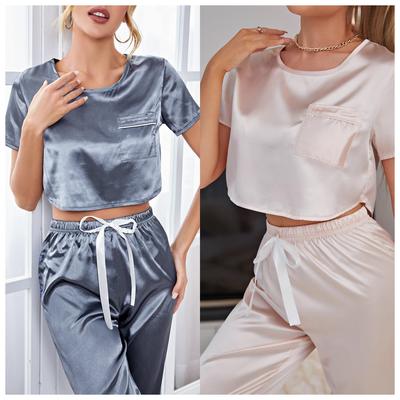 Women Summer Two Pieces Sets Pajamas with Trousers Short Sleeve Top O-neck Cropped Pants Homewear Thin Solid Hood Elastic