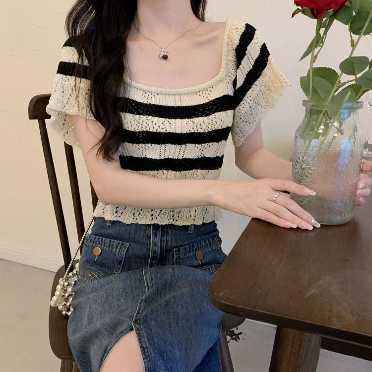 French Hollowed Out Knitted Sweater with Unique Style Square Neck Ice Silk Striped T-shirt for Women Summer Tight Fitting Short Style