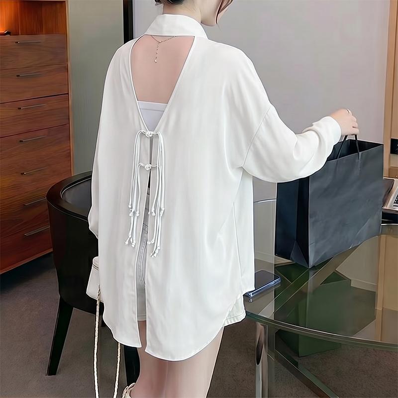 ZANZEA Women Casual Turn Down Collar Loose Backless Long Sleeve Blouse