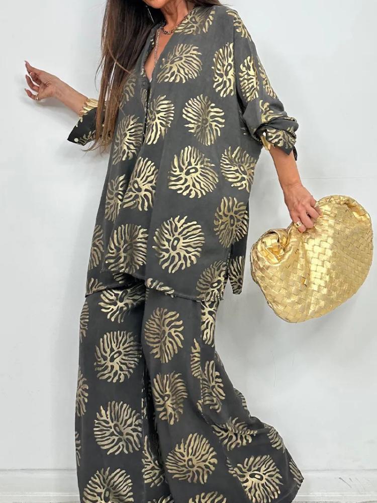 Casual Wide-Leg Pants Set with Gold Floral Print, Multiple Colors