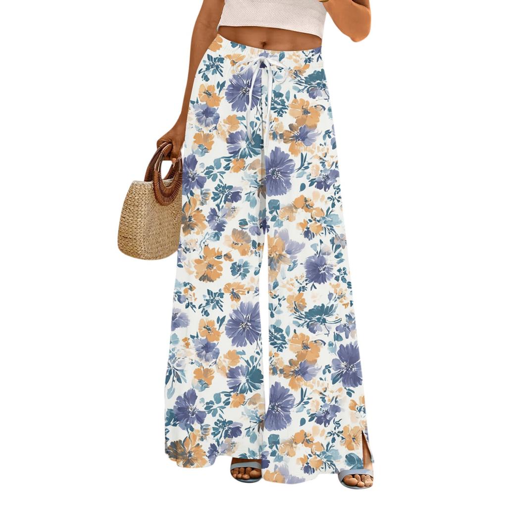 Women's Casual Wide Leg Pants Stretch Belt Pocket Floral Print Adjustable Tie Pants