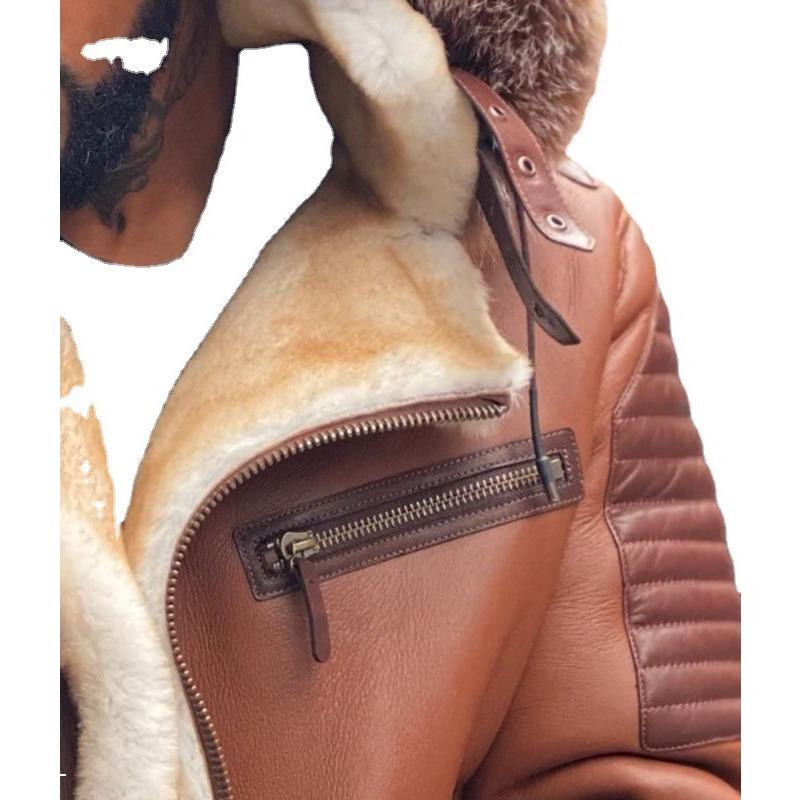 Braune Große Pelzkragen Kapuzen Samt Verdickte Herren Lederjacke