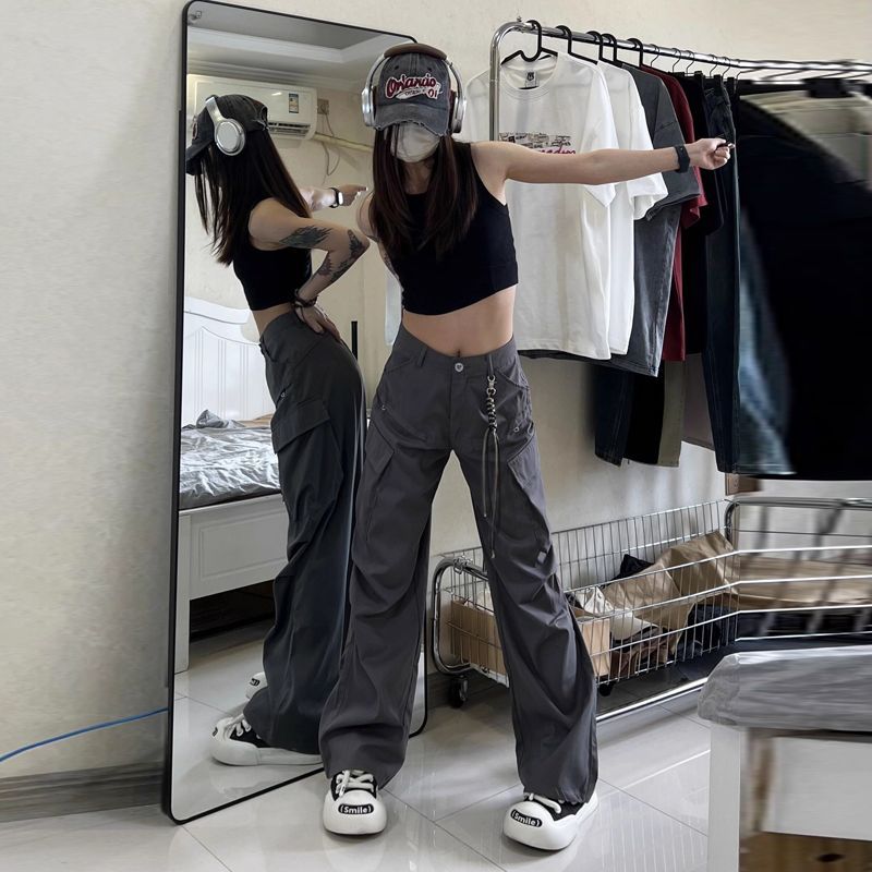 Spring Summer American Style Cargo Pants for Women Loose Hot Girl Inspired Retro Micro Flared Straight Leg Casual Long Trousers