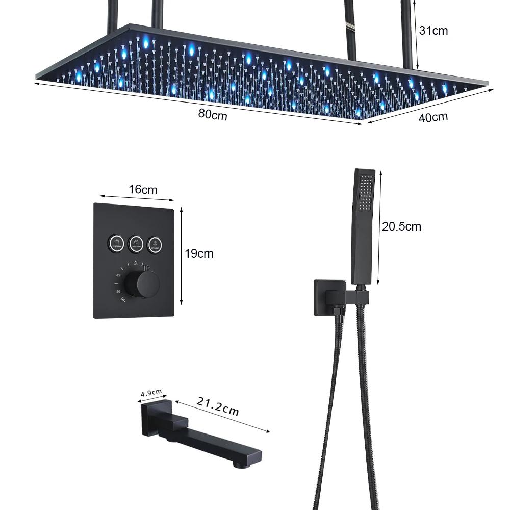 Matte Black LED Thermostatic Shower Faucet 40*80 Large Rain Waterfall Shower System Button Control 3Ways Mixer Installation Arm