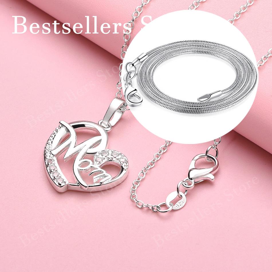 925 Sterling Silver 16-30 Inch Heart-shaped MOM Zircon Pendant Necklace, Women's Charm, Wedding Jewelry, Gift Accessories