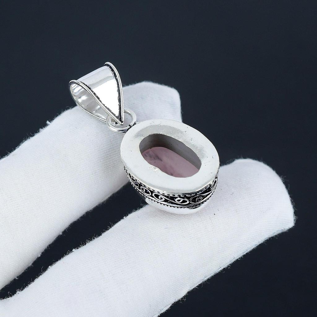 Natural Rose Quartz Gemstone Silver Pendant in 925 Sterling Silver - Handmade Oval Design, Everyday Wear Jewelry Father's Day Gift