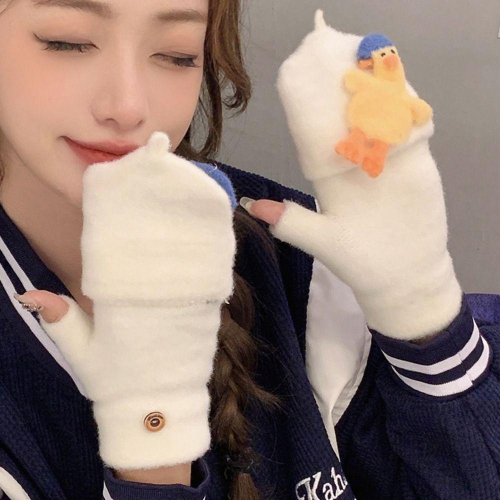Duck Flip Plush Gloves Cartoon Winter Mittens Cute Half Finger Gloves  Writting