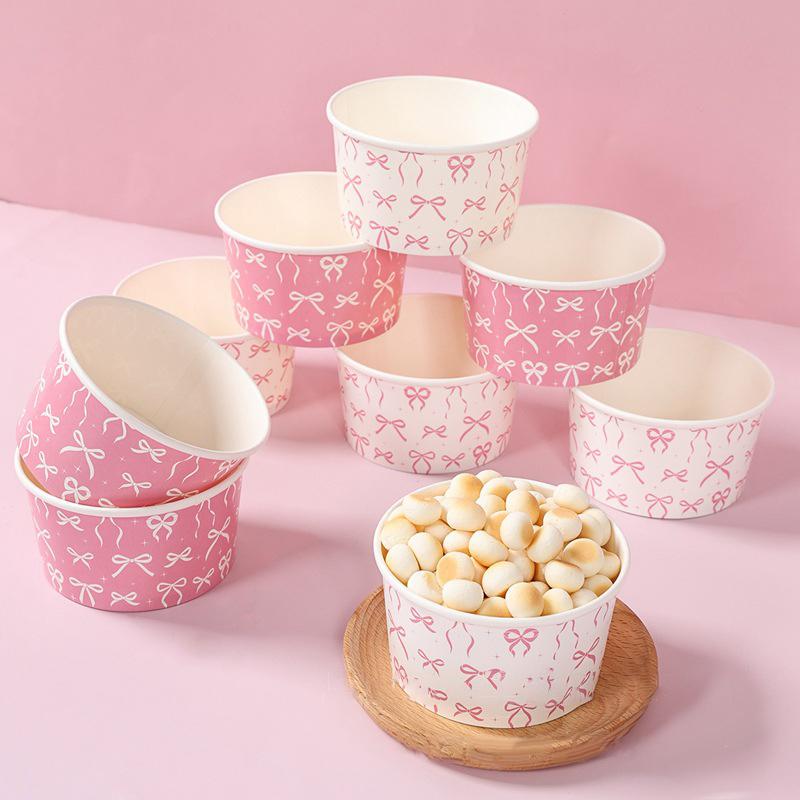 10 Pcs Bow Ribbon Disposable Ice Cream Paper Cups Bowls For Jelly Pudding Mousse Yogurt Container Birthday Party Wedding Kitchen