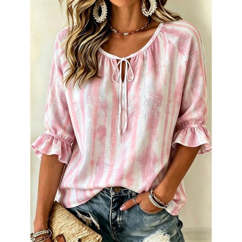 Women's Beige Tie-Dye Print Tie Neck Blouse, Casual Loose Tops for Spring Summer Daily Wear & Vacation Occasions