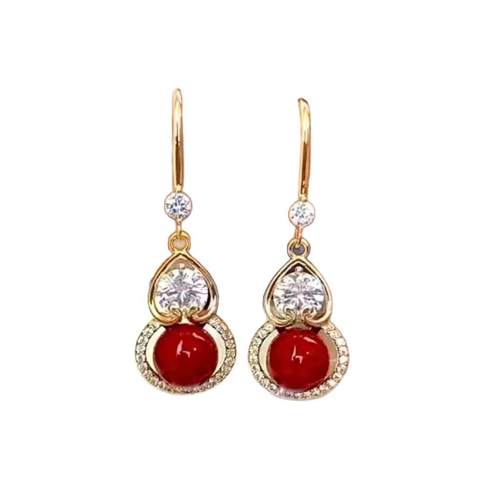 2025 Retro Red Pearl & Rhinestone Gourd Earrings for Women - Festive Light Luxury